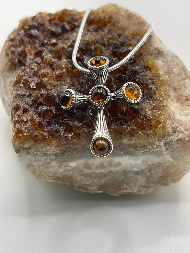 Amber Cross Pendant - Set in 925 Sterling Silver.